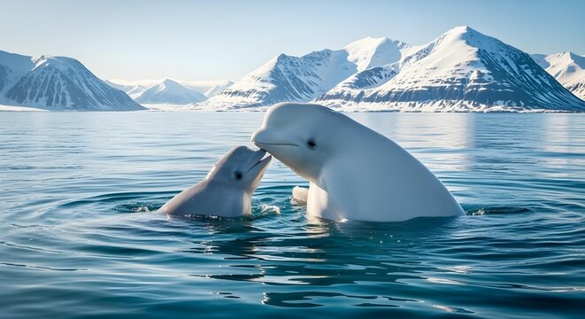 A beluga mother and calf playing in Arctic waters at midday, snow-covered mountains behind.