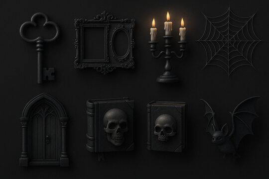 Haunting 3D Gothic Mansion Icons &ndash; Eerie Keys, Candelabras & Skull Books for Dark Decor