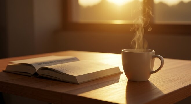 Cozy morning with open book and steaming coffee by the window - Powered by Adobe