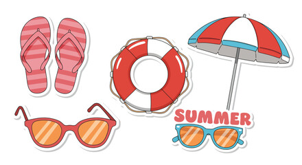 Summer Vacation Icons: Beach Fun Stickers, Life Ring, Sunglasses, Flip-Flops, Umbrella