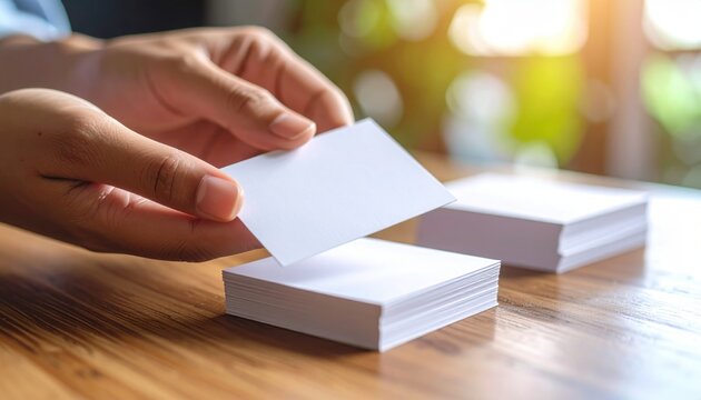 Businessman picking up blank business card from wooden table - Powered by Adobe