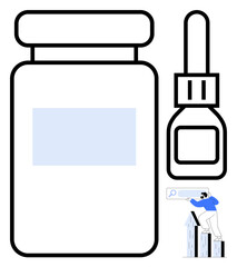 Large medicine bottle, dropper symbolizing healthcare, discovery. Figure atop buildings using search bar. Ideal for innovation, research, healthcare, scalability, technology medicine growth