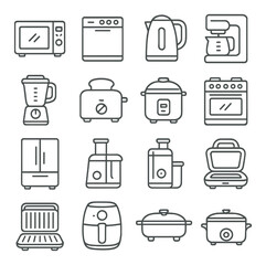 Line art icons of kitchen appliances including microwave blender and oven