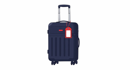 Minimal vector illustration of a dark navy suitcase with wheels and red luggage travel tag. Asset perfect for travel designs, airport graphics, vacation, vector art, and tourism visuals. 