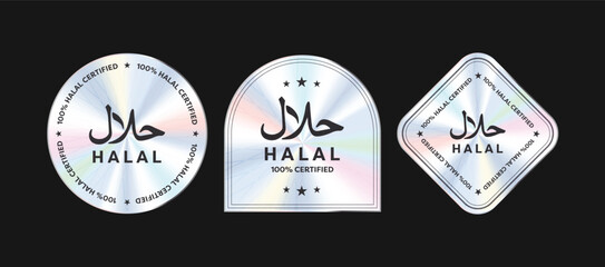 A collection of halal certified labels with 100 percent halal text in hologram style, ideal for food packaging, branding, and religious product assurance.