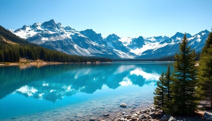 Serene mountain lake reflecting snow-capped peaks under a brilliant blue sky.