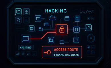 Hacking concept with digital interface showing access route and ransom demanded alert, cyber security threat with neon icons and data flow on dark background