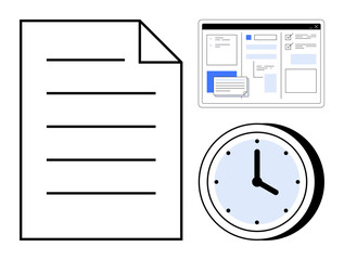 Paper document, web application interface, and analog clock represent task management, scheduling, and productivity. Ideal for time management, workflow, schedules, deadlines organization planning