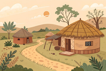 flat illustration  Indian village home, earthy tones generative ai