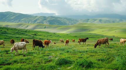 Naklejka premium Festive Whispers of the Grassland: New Year Decorations Illuminate Cattle and Sheep Scenery in Charming Images Stretching across the sun-kissed grassland, flocks of sheep and herds of cattle graze pea