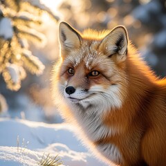 Obraz premium A close-up portrait of a red fox in a winter forest, snow on its fur, sharp detail