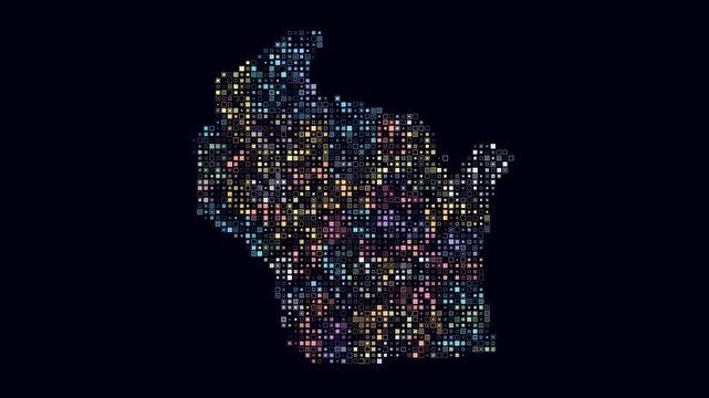 Wisconsin dotted animation. Shape of the state build of pulsating colored dots. Small size square blocks. Digital style map on dark background. Abstract video.