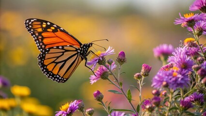 Obraz premium Monarch Butterfly on Colorful Flower in a Vibrant Garden Scene