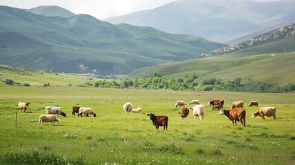 Fototapeta premium Festive Whispers of the Grassland: New Year Decorations Illuminate Cattle and Sheep Scenery in Charming Images Stretching across the sun-kissed grassland, flocks of sheep and herds of cattle graze pea