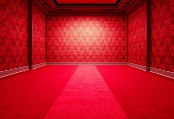 Deep crimson carpet stretches across a room, backdrop of solid red wallpaper, space, scarlet