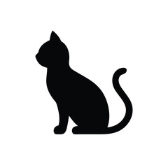 Silhouette of a sitting black cat with curled tail