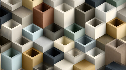 Geometric Cube Pattern Background Beige Brown Gray White Blue Green Neutral Tones