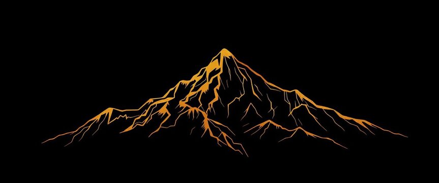 Elegant gold mountain peak line art on black background, geometric, illustration