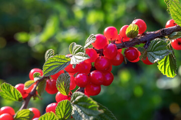 Branch of felt cherry with red berries close-up. Früchte der Filzkirsche (Prunus tomentosa)