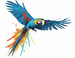 The artwork of Macaw is set against a clean white background, which is dynamically broken up by splashes and drips of paint in various colors, including red, orange, and yellow.  (1)