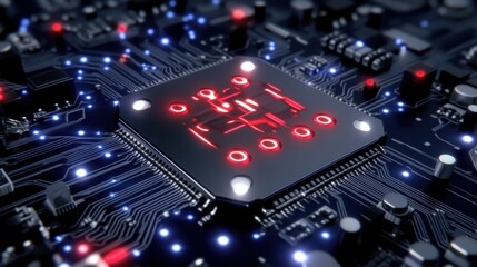 High-Tech Circuit Board: A Close-Up View of a Microchip with Glowing Red and Blue LEDs, Showcasing Technological Advancement