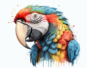 Fototapeta premium The artwork of Macaw is set against a clean white background, which is dynamically broken up by splashes and drips of paint in various colors, including red, orange, and yellow. (1)