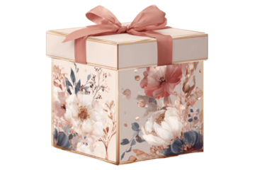 Beautiful floral gift box home decor product photography elegant. Isolated on transparent background, png.