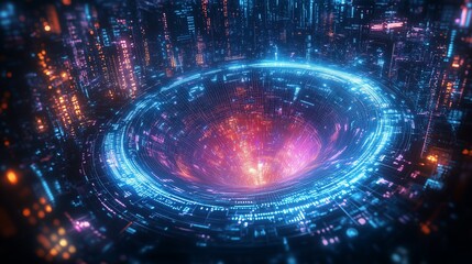 Obraz premium A futuristic cyberpunk cityscape with a swirling vortex of blue and pink light at its center.