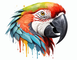 Obraz premium The artwork of Macaw is set against a clean white background, which is dynamically broken up by splashes and drips of paint in various colors, including red, orange, and yellow. (1)