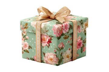 Gift box with floral design studio product photography bright light. Isolated on transparent background, png.