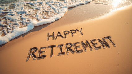 Happy retirement message written on sandy beach with waves gently lapping at shore, creating serene and celebratory atmosphere