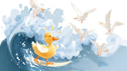 Duck Surfs on Ocean Wave, Seagulls Fly. Whimsical illustration for children's books, web design, marketing. Joyful, fun cartoon style.