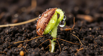 Macro close-up of seed germination revealing delicate root hairs breaking through moist soil, early shoot growth, and the transformation from seed to seedling under soft natural sunlight in hyperreali