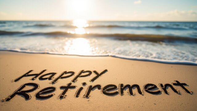 Happy retirement message written on sandy beach, with ocean waves in background, symbolizing relaxation and new beginnings