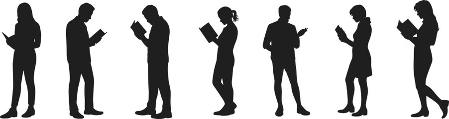 Silhouette vector of men and women reading books, standing posture, black flat cad drawing, isolated white background, education concept