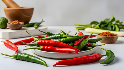 A stunning display of red and green chilies, commonly used to add intense heat and flavor to a variety of dishes, especially Asian sauces and pastes.