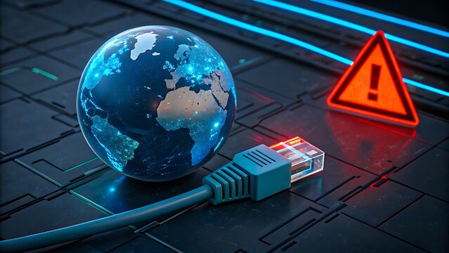 Global internet outage or cybersecurity threat concept with glowing globe, Ethernet cable and warning sign

