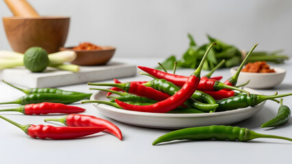 A stunning display of red and green chilies, commonly used to add intense heat and flavor to a variety of dishes, especially Asian sauces and pastes.