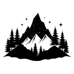 Pine Forest Under Starry Sky – Black Silhouette Vector
