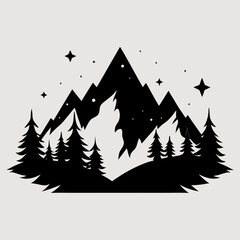 Pine Forest Under Starry Sky – Black Silhouette Vector