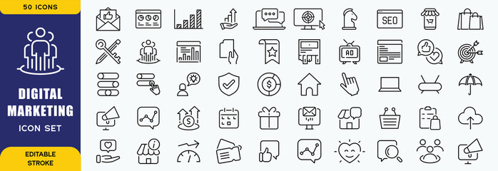 Digital marketing line icons set. Marketing outline icons collection. Website, seo, social media, online advertising, mail, content, strategy, target, feedback, store - stock vector