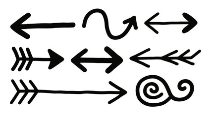 Illustration of various handdrawn arrow elements and directional markers isolated on white background