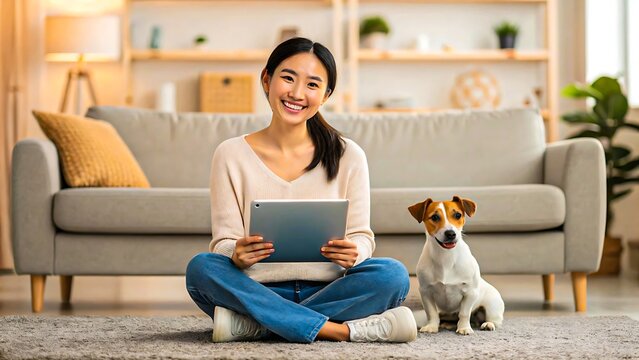 Smiling woman sitting with Jack Russell terrier and digital tablet in cozy living room