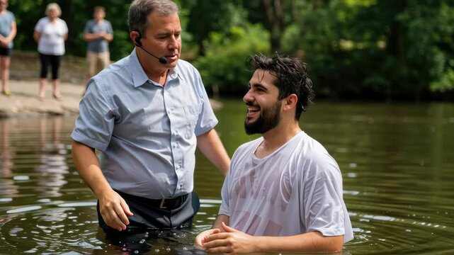 A man baptizes another man outdoors. Christian baptism ceremony or ritual in a river or lake. Religious spiritual devotion concept footage.