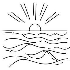Line art of sun setting over waves on tranquil ocean surface  