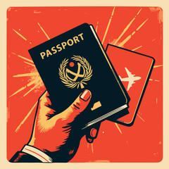 Hand holding passport and travel document on red background  