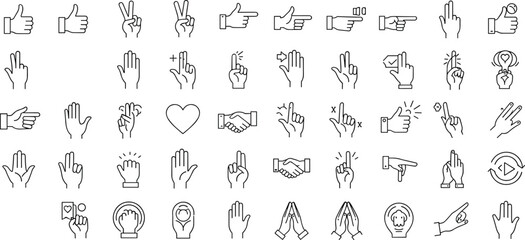 Hand gesture icons collection, line style communication symbols, finger signs, expressive hand movements vector, cad drawing flat vector illustration