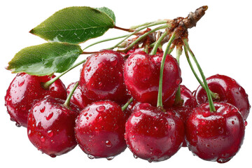 Fresh red cherries on branch close-up food photography studio nature. Isolated on transparent background, png.