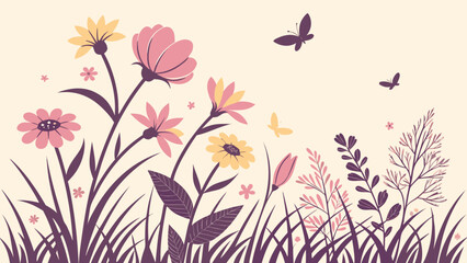 Obraz premium Illustration of a field with pink and yellow flowers grass and butterflies on a light beige background art
