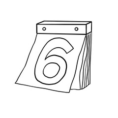 Illustration of a vintage paper calendar of date sixth in black outline
